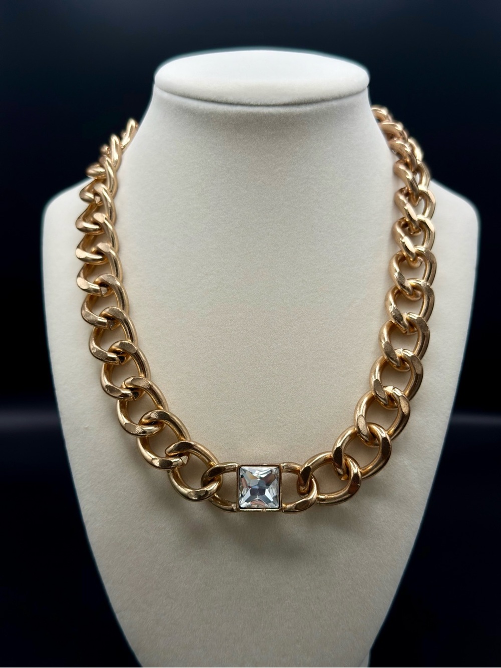 Vintage Gold Plated Curb Chain Necklace with Crystal 16–18"